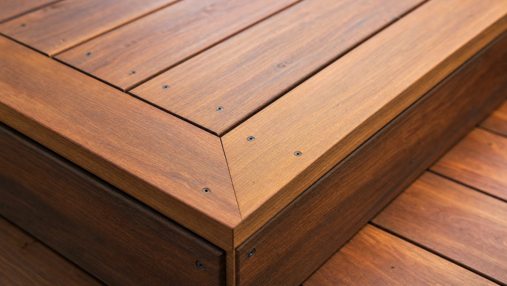 Close-up of finished carpentry — stained deck boards with clean screw lines and mitered trim