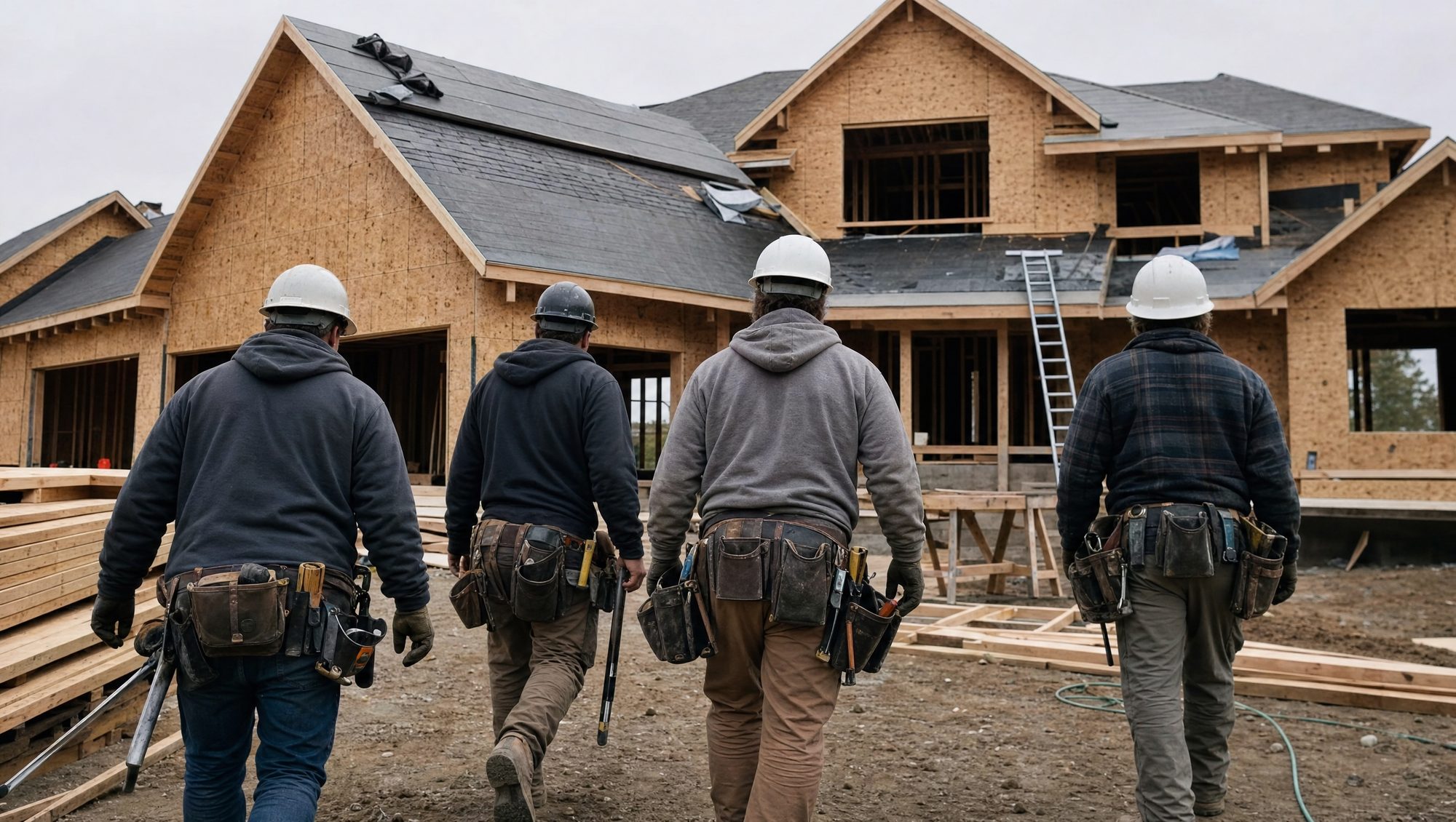 Construction crew working on a residential home exterior, seen from behind