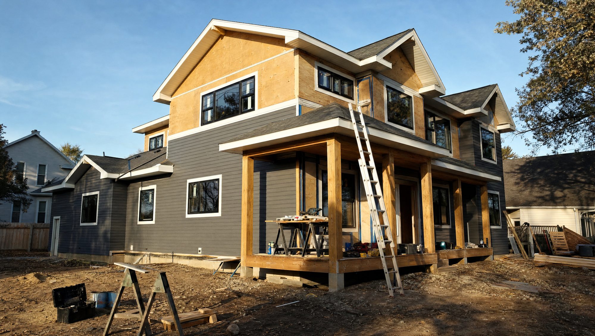 Residential home mid-construction with fresh framing under a golden-hour sky